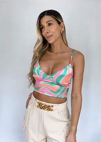 Crop top estampado satin tiras