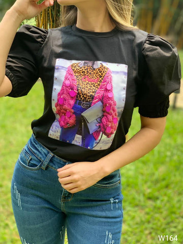 Blusa Manga Bombacha Aplique Moda