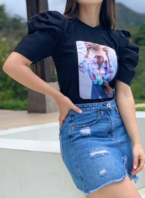 Blusa Manga Corta Aplique Lentejuelas