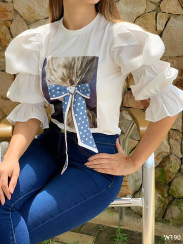 Blusa Cuello Redondo Manga Resorte Aplique