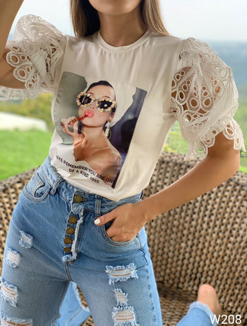 Blusa Manga Corta  Pibiure Aplique Gafas