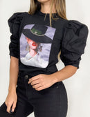 Blusa Manga Bombacha Aplique Sombrero