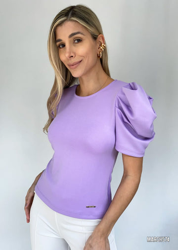 Blusa cuello redondo manga bombacha