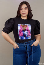 Cargar imagen en el visor de la galería, camiseta negra manga bombacha aplique moda

