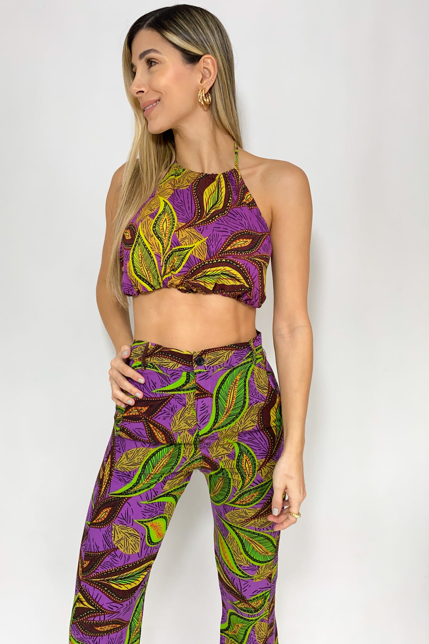 Conjunto estampado pantalón y crop top – Mauve Colombia